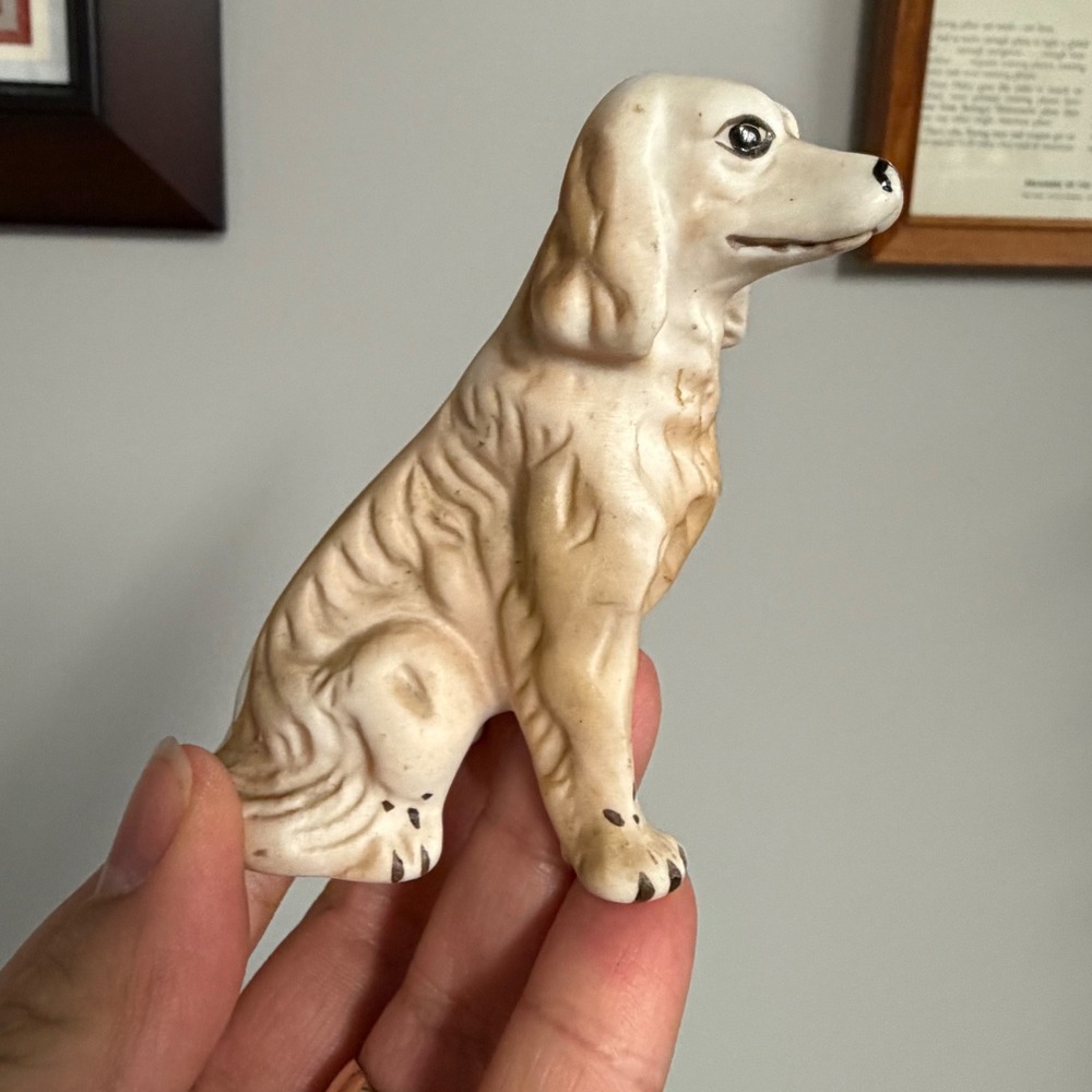 Vintage Ceramic Spaniel Dog Figurine Miniature Hand Painted Bisque Tan Cream